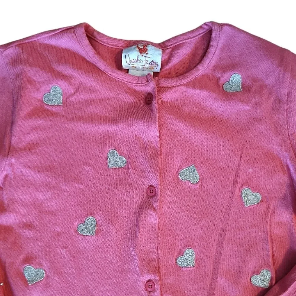 Quacker Factory VTG Pink Glitter Hearts Button Front‎ Cotton Cardigan Med